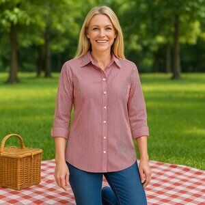 NEW Chico's Red and White Stripe Rolltab Sleeve Collared Buttonup Picnic S/4